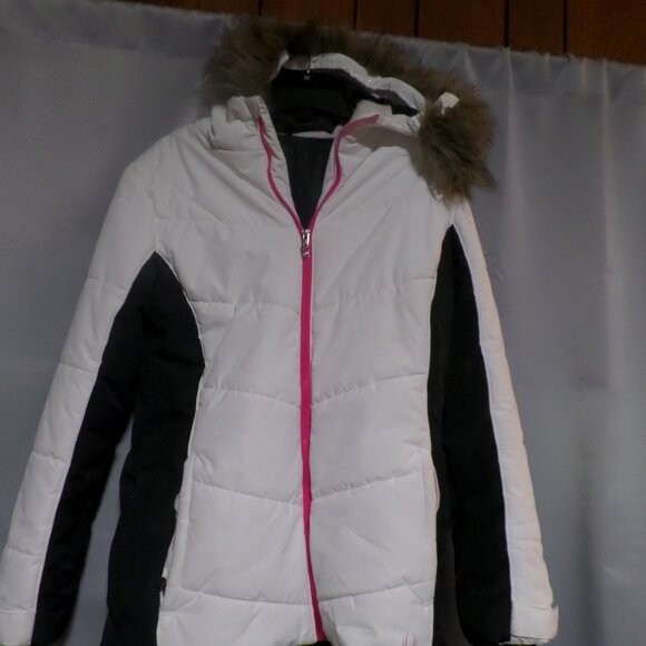 Spyder Women’s Wren Faus Fur Hooded Full Zip Jacket – White/Pink/Black Size Medi - Picture 1 of 8
